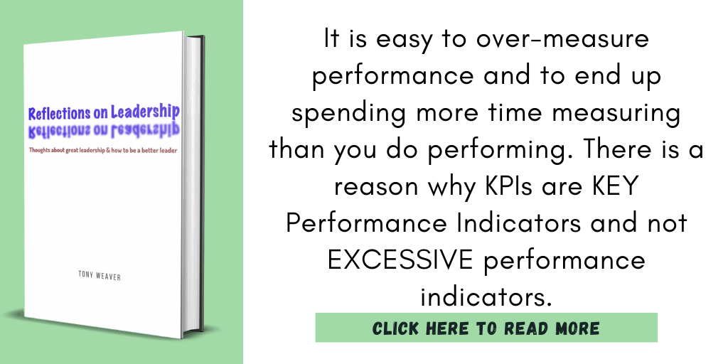 Excerpt from my book, Reflections on Leadership:

"It is easy to over-measure performance and to end up spending more time measuring than you do performing. There is a reason why KPIs are KEY Performance Indicators and not EXCESSIVE performance indicators."

Click here to read more.