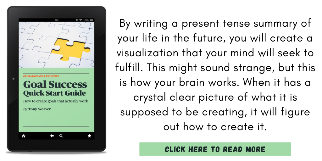 Excerpt from Goal Success Quick Start Guide:
"By writing a present tense summary of your life in the future, you will create a visualization that your mind will seek to fulfill. This might sound strange, but this is how your brain works. When it has a crystal clear picture of what it is supposed to be creating, it will figure out how to create it."
Click here to read more.